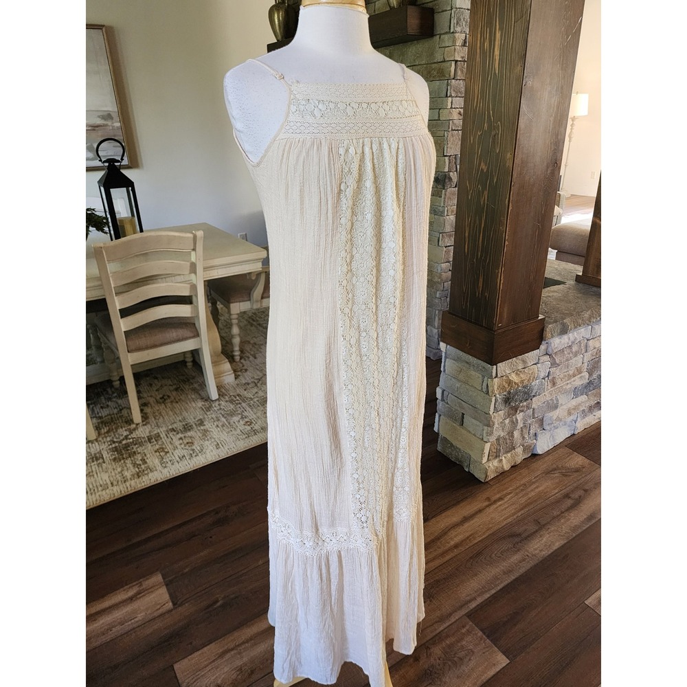 Flying Tomato Beige Lace Inset Boho Maxi Dress Adjustable Straps Small FLAW